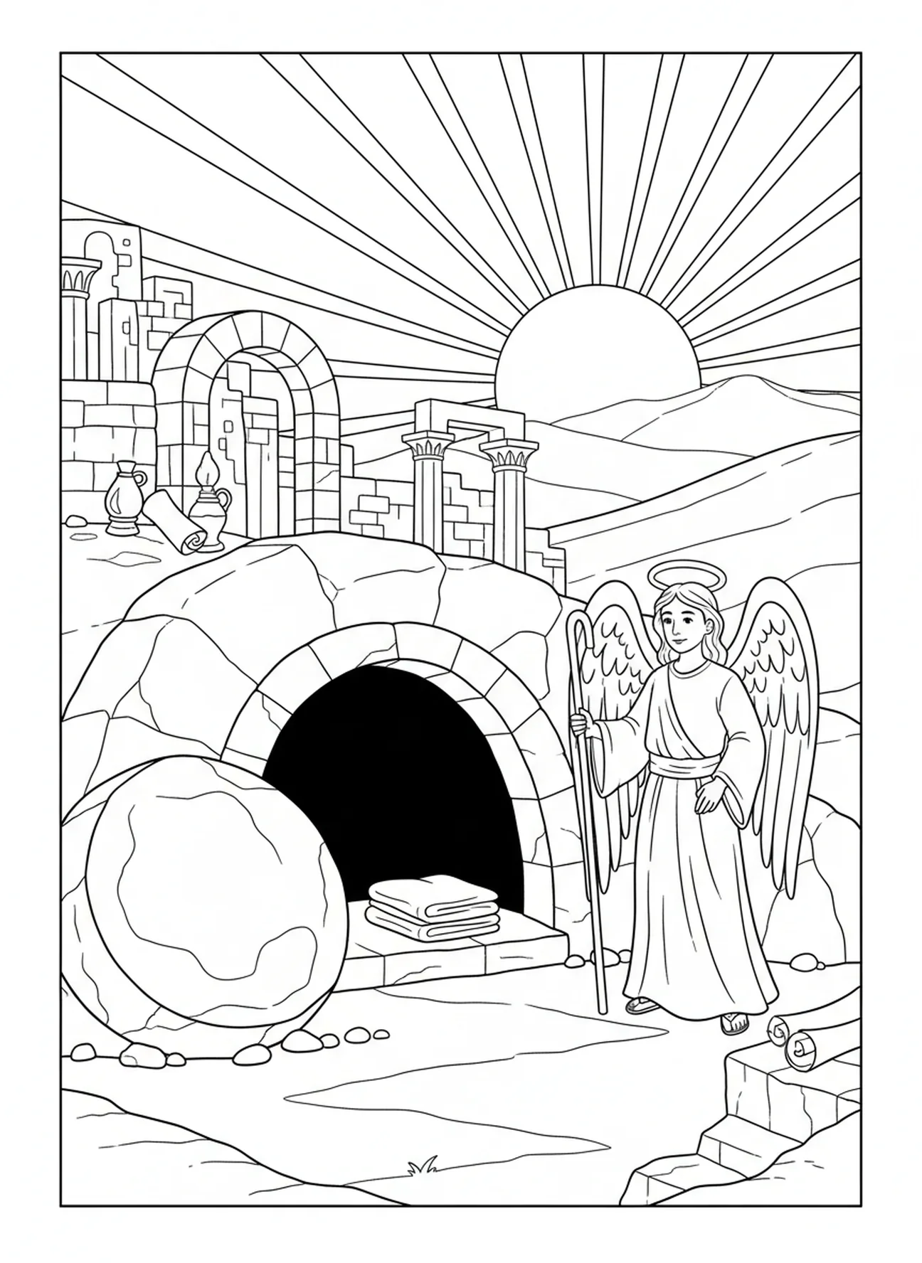 Tombeau vide avec la pierre roulée, Ésaïe 53:5 Page à colorier sur Ses blessures pour les enfants de l'École du dimanche âgés de 5 à 12 ans