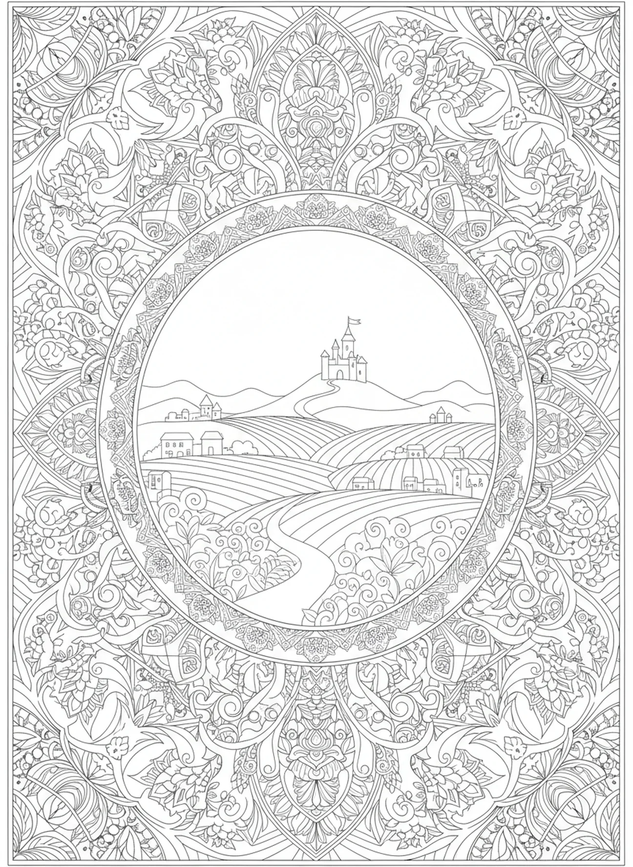 Paisagem serena de um reino pacífico, Isaías 9:6 Príncipe da Paz página para colorir estilo journaling bíblico para adultos