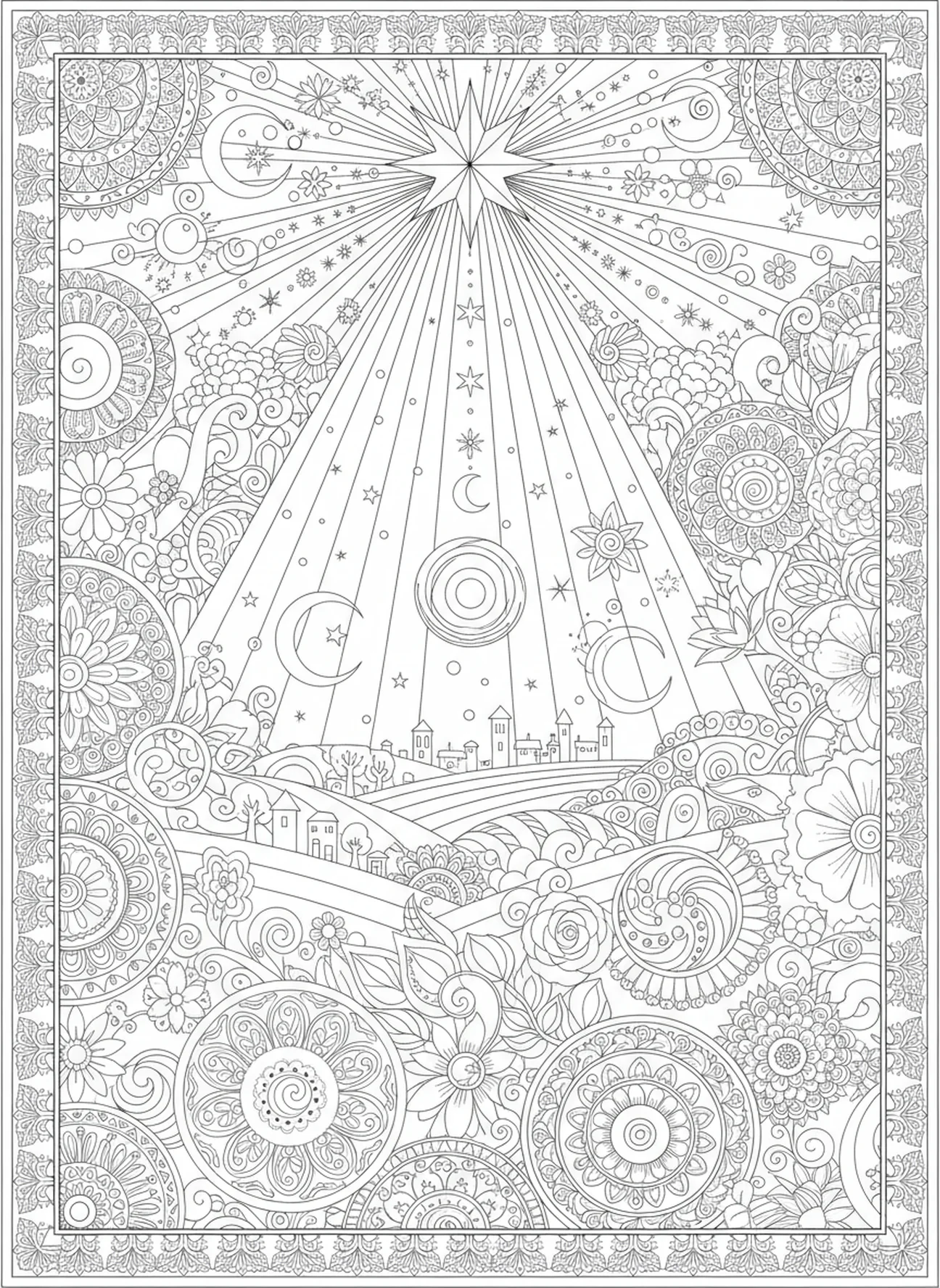 Estrela brilhante iluminando, Isaías 9:6 Príncipe da Paz página para colorir estilo Bíblia journaling para adultos