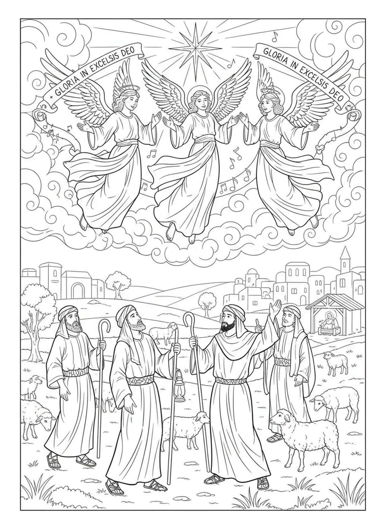 Anjos anunciando o nascimento de Jesus, Isaías 9:6 Príncipe da Paz página para colorir para crianças da Escola Dominical de 5 a 12 anos.