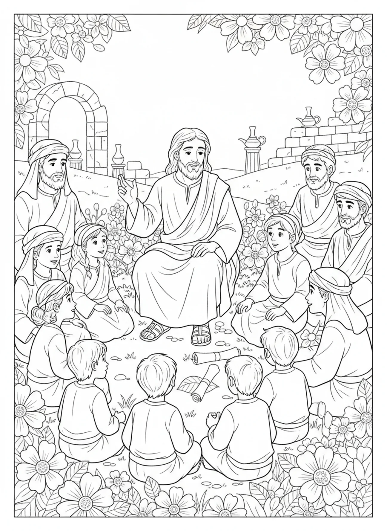 Jesus ensinando um grupo de pessoas, Isaías 9:6 Príncipe da Paz página para colorir para crianças da Escola Dominical de 5 a 12 anos.