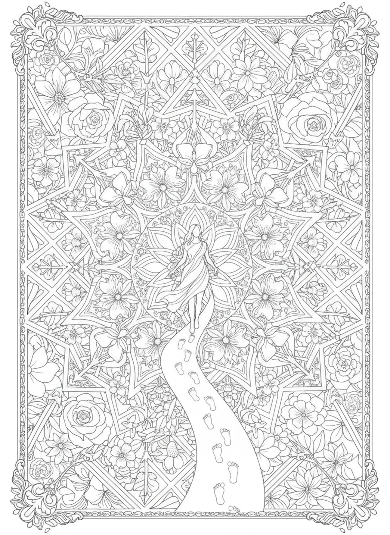 Personne avançant sur un chemin, coloriage pour adultes Jacques 1:22 dans un style de journal biblique