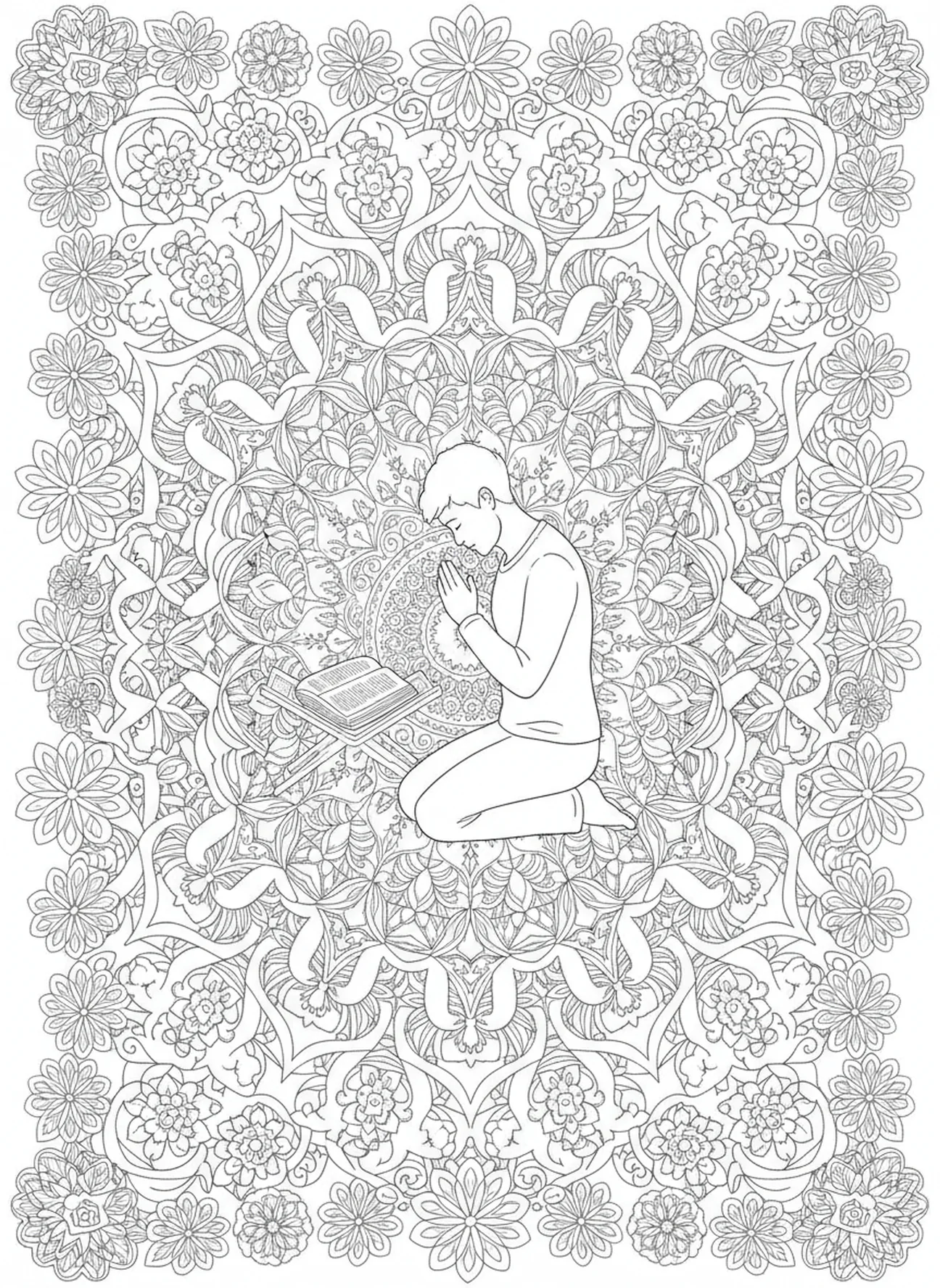 Personne en prière avec un livre ouvert, page à colorier Jacques 1:22 pour adultes dans un style de journal biblique