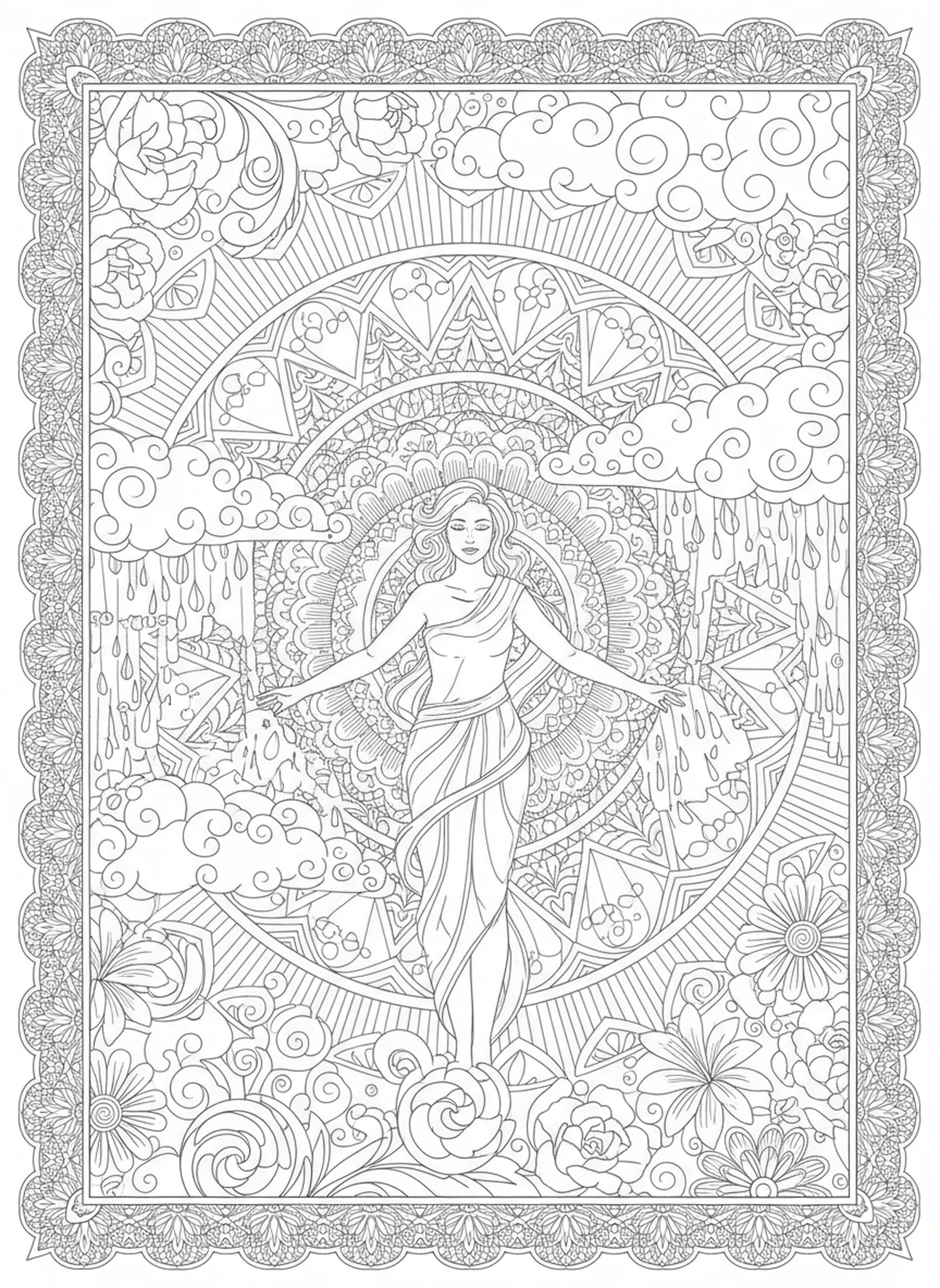Personne debout avec force au milieu de nuages orageux, page à colorier Jacques 1:22 pour adultes dans un style de journal biblique
