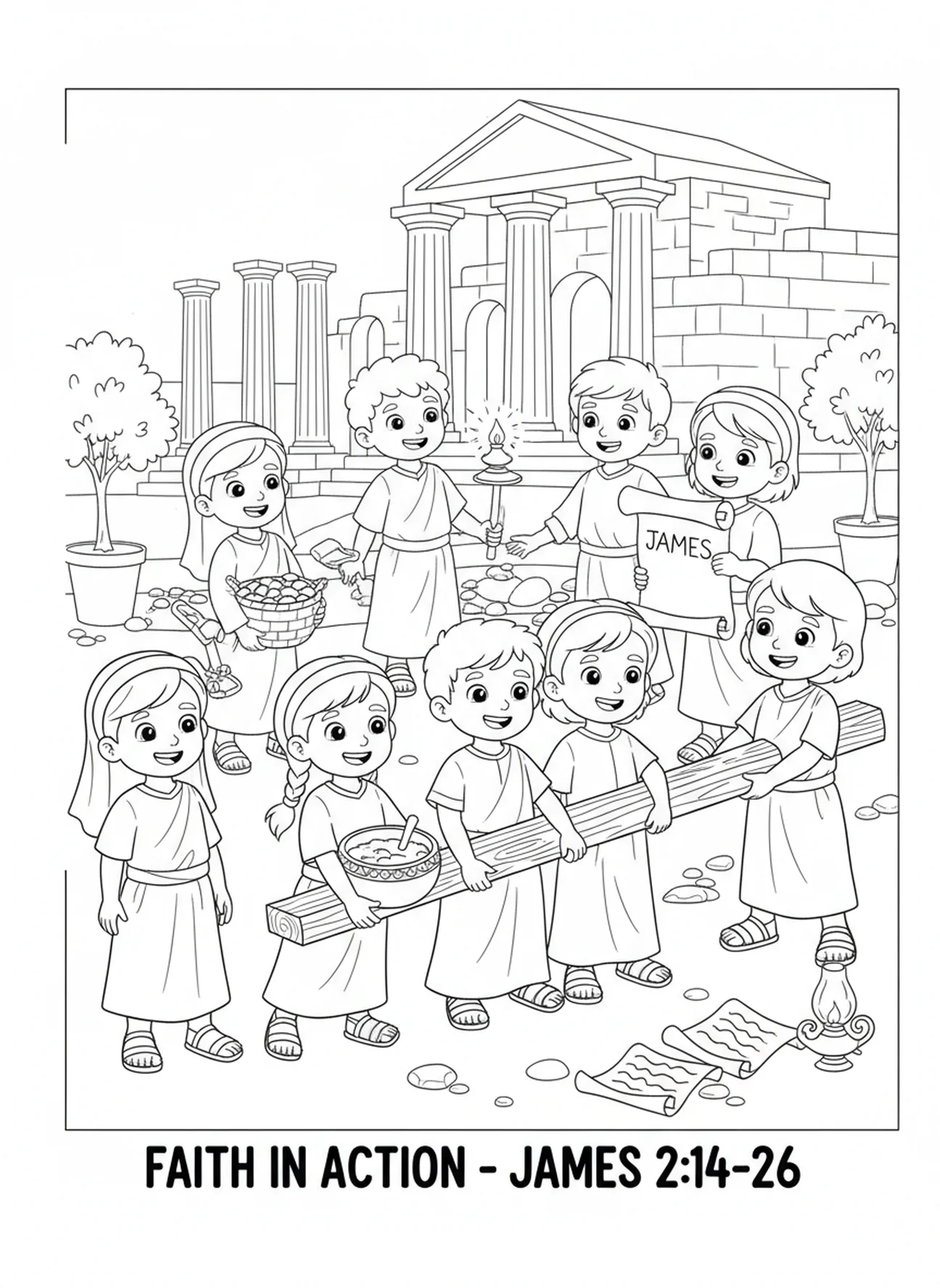 Crianças praticando sua fé, Tiago 1:22 página para colorir para crianças da Escola Dominical de 5 a 12 anos