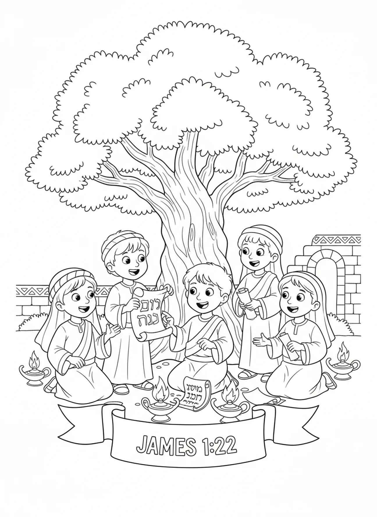 Crianças discutindo os ensinamentos de Tiago, página para colorir de Tiago 1:22 para crianças da Escola Dominical de 5 a 12 anos