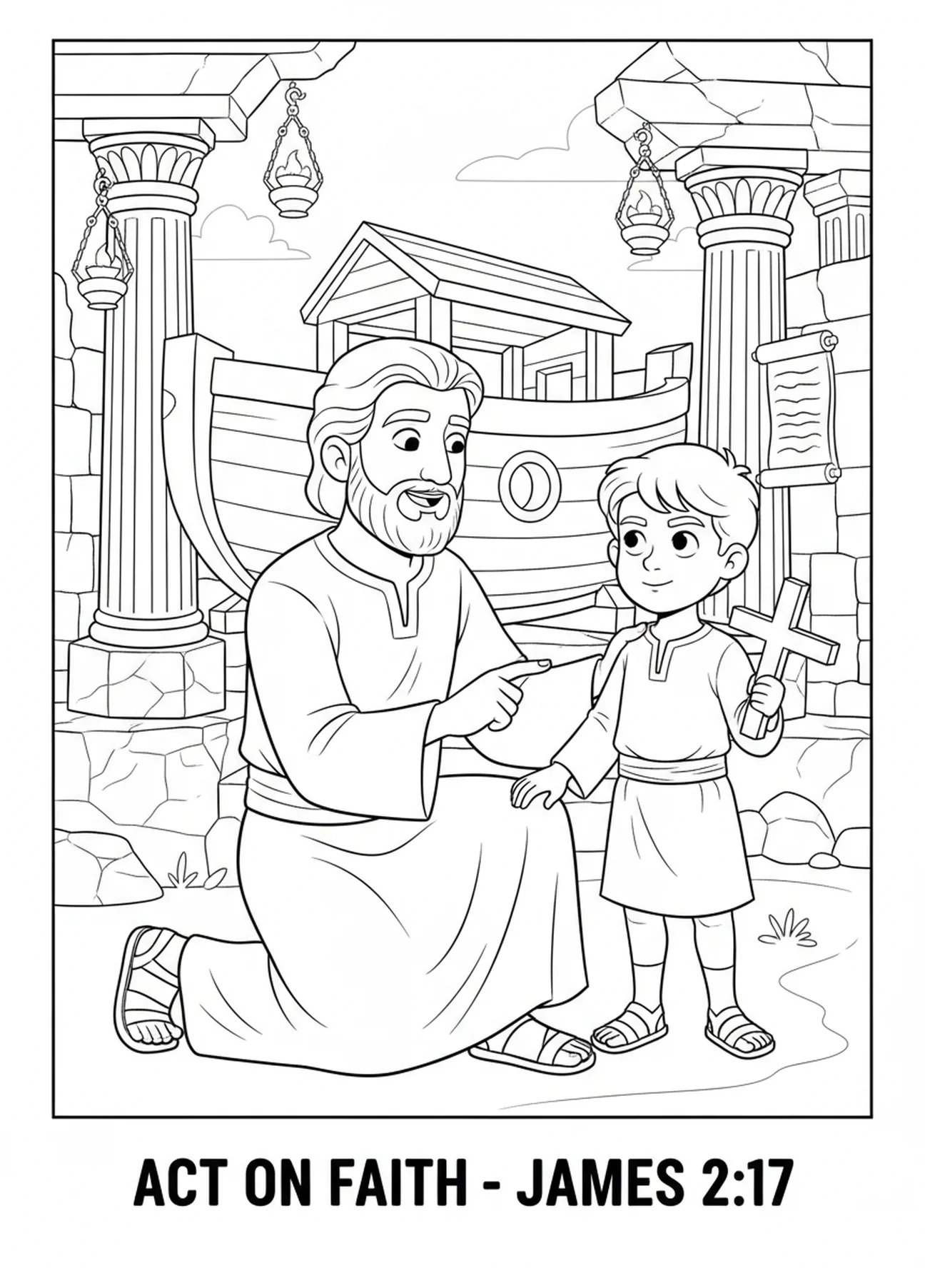Tiago encorajando um menino, página de colorir Tiago 1:22 para crianças da Escola Dominical de 5 a 12 anos