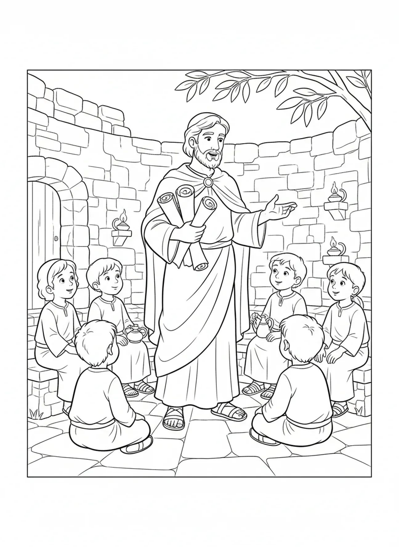 Tiago segurando pergaminhos, página para colorir Tiago 1:22 para crianças da Escola Dominical de 5 a 12 anos