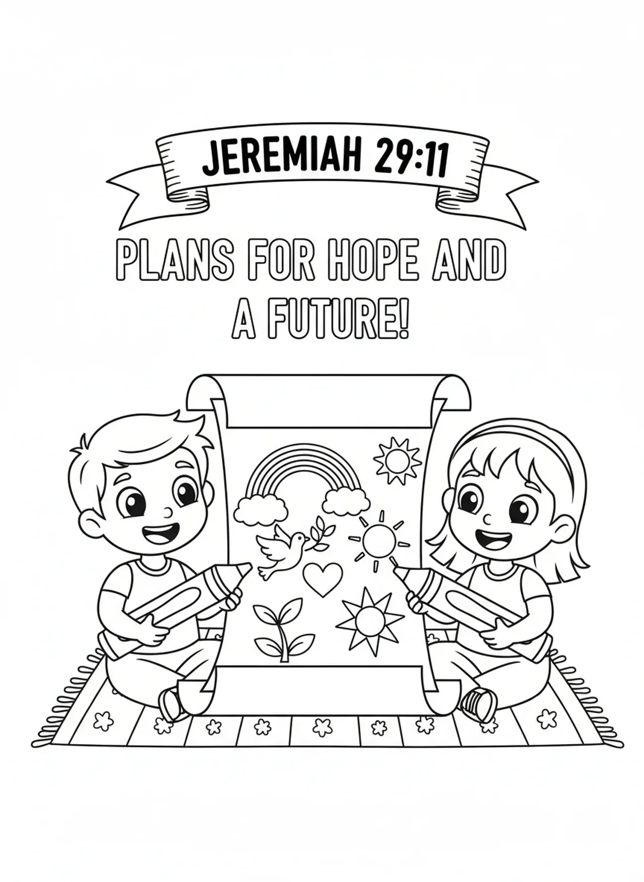 Crianças desenhando símbolos de esperança, página para colorir Jeremias 29:11 para crianças de 5 a 10 anos