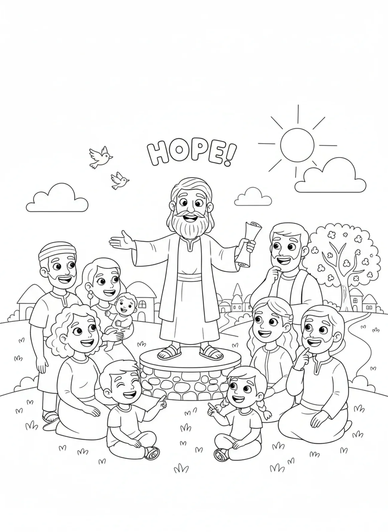 Grupo de pessoas ouvindo Jeremias, página para colorir Jeremias 29:11 para crianças de 5 a 10 anos