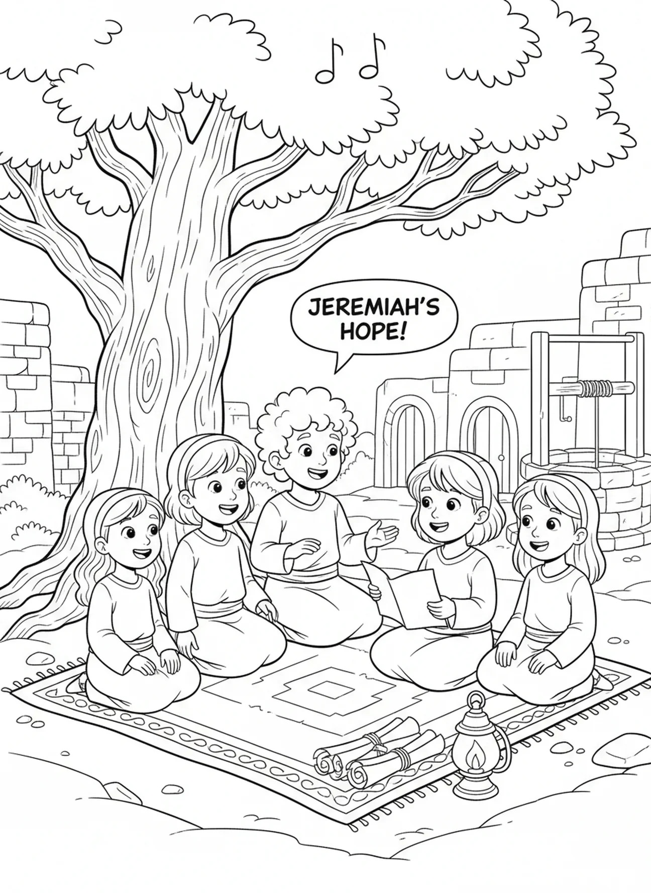 Niños soñando con la esperanza inspirados por Jeremías, página para colorear de Jeremías 29:11 para niños de Escuela Dominical de 5 a 12 años.