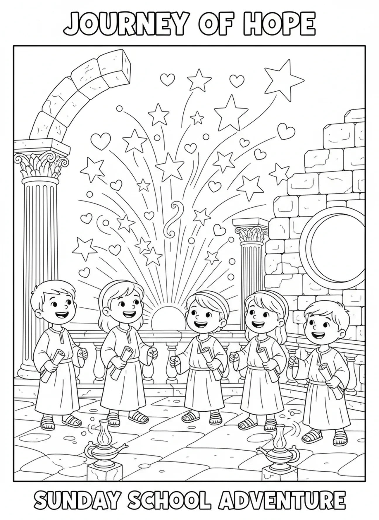 Niños mirando hacia un futuro brillante inspirado en Jeremías, página para colorear de Jeremías 29:11 para niños de la Escuela Dominical de 5 a 12 años.