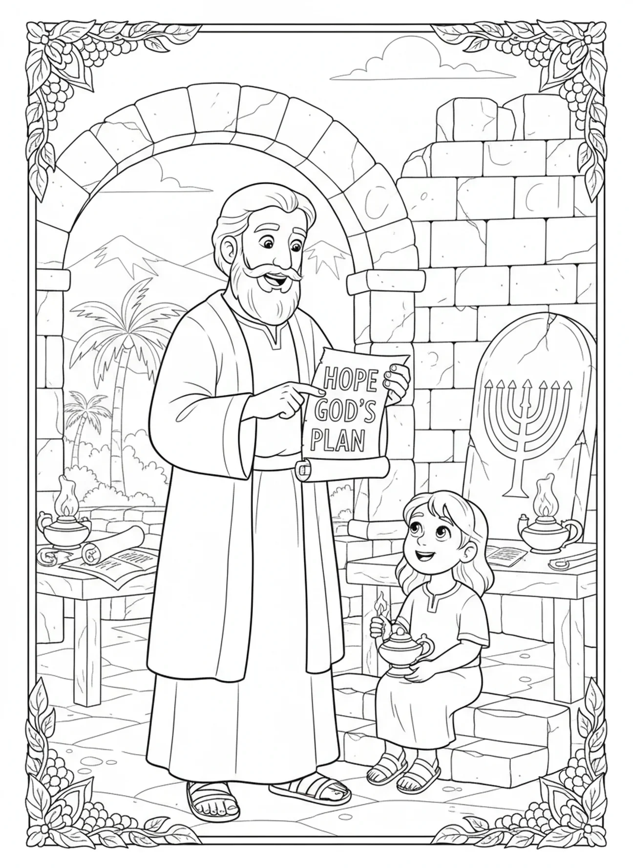 Jeremías compartiendo esperanza con un niño, página para colorear de Jeremías 29:11 para niños de Escuela Dominical de 5 a 12 años.