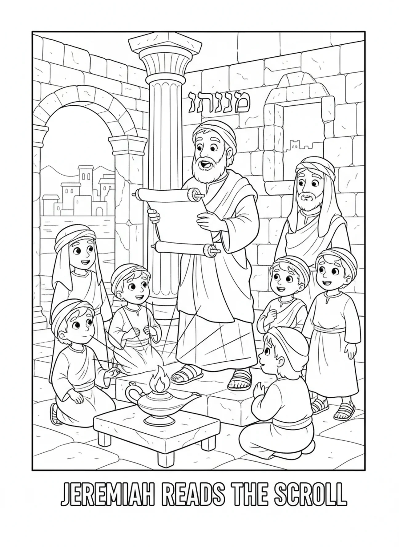 Personas escuchando a Jeremías leer, página para colorear Jeremías 29:11 para niños de Escuela Dominical de 5 a 12 años.