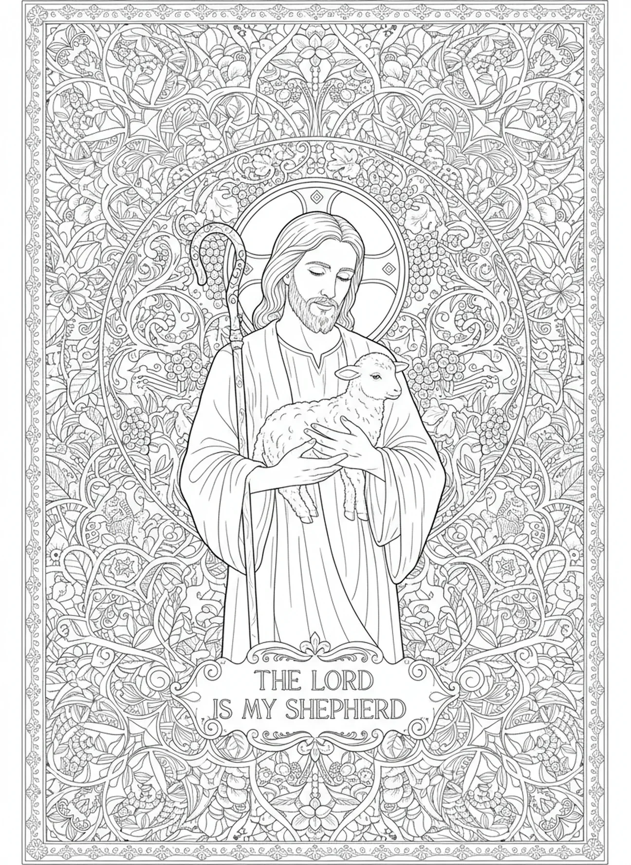 Jésus en tant que berger doux, page à colorier Jésus Nom au-dessus de tout pour adultes dans un style de journal biblique