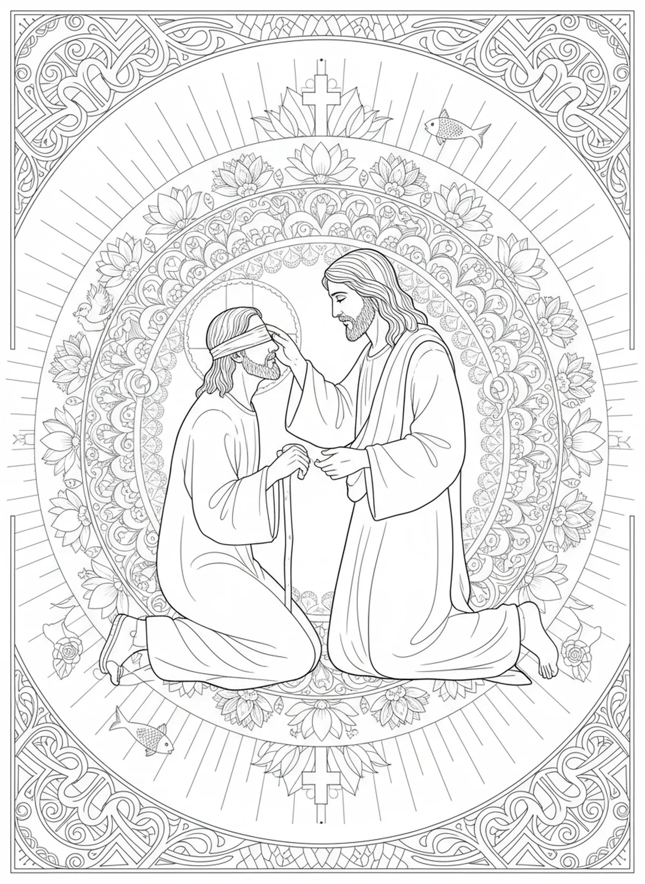 Jésus guérissant un homme aveugle, page à colorier Jésus Nom au-dessus de tout pour le journaling biblique pour adultes