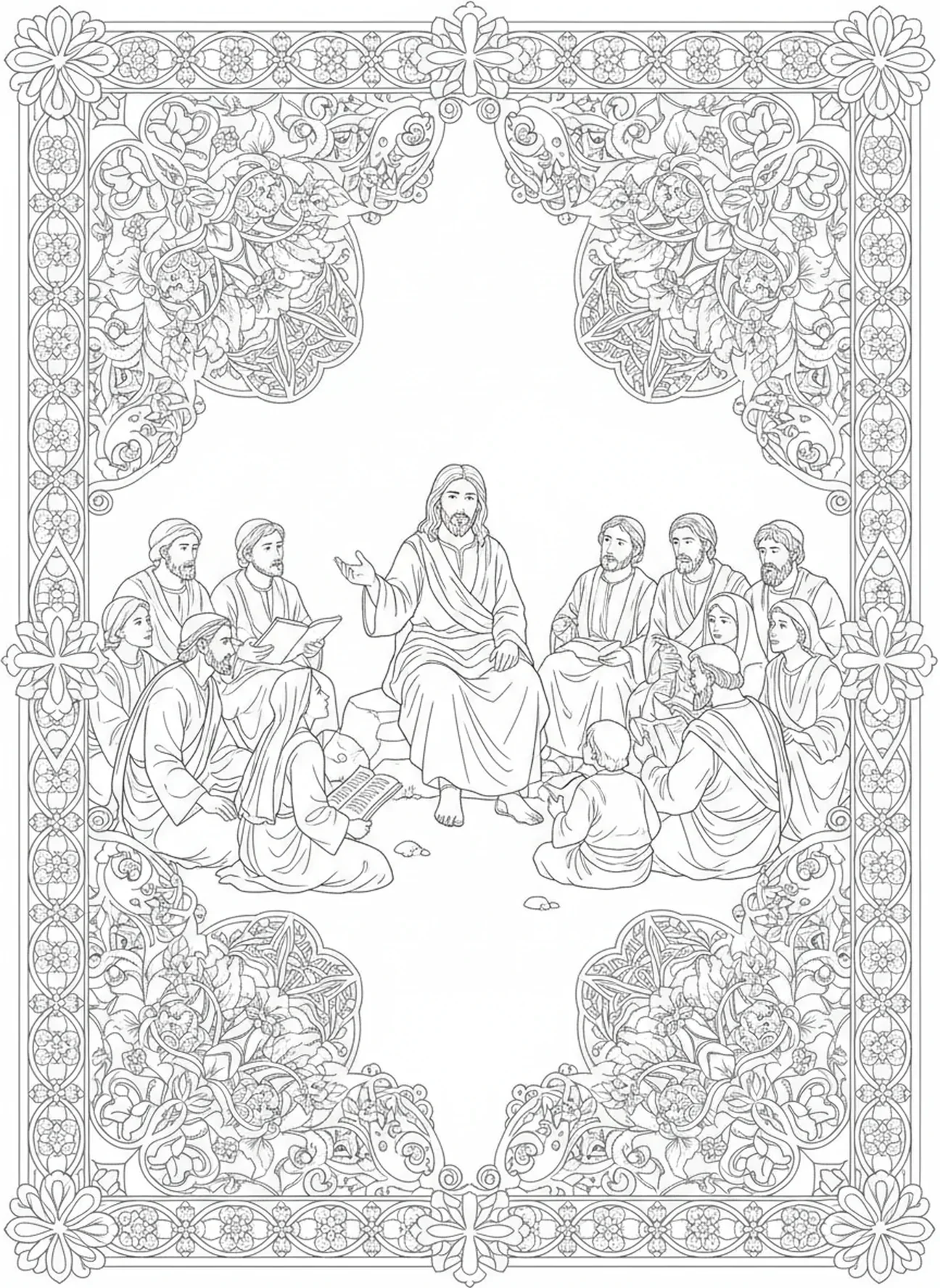 Jésus enseignant un groupe, page à colorier Jésus Nom Au-dessus de Tout pour le journal biblique pour adultes