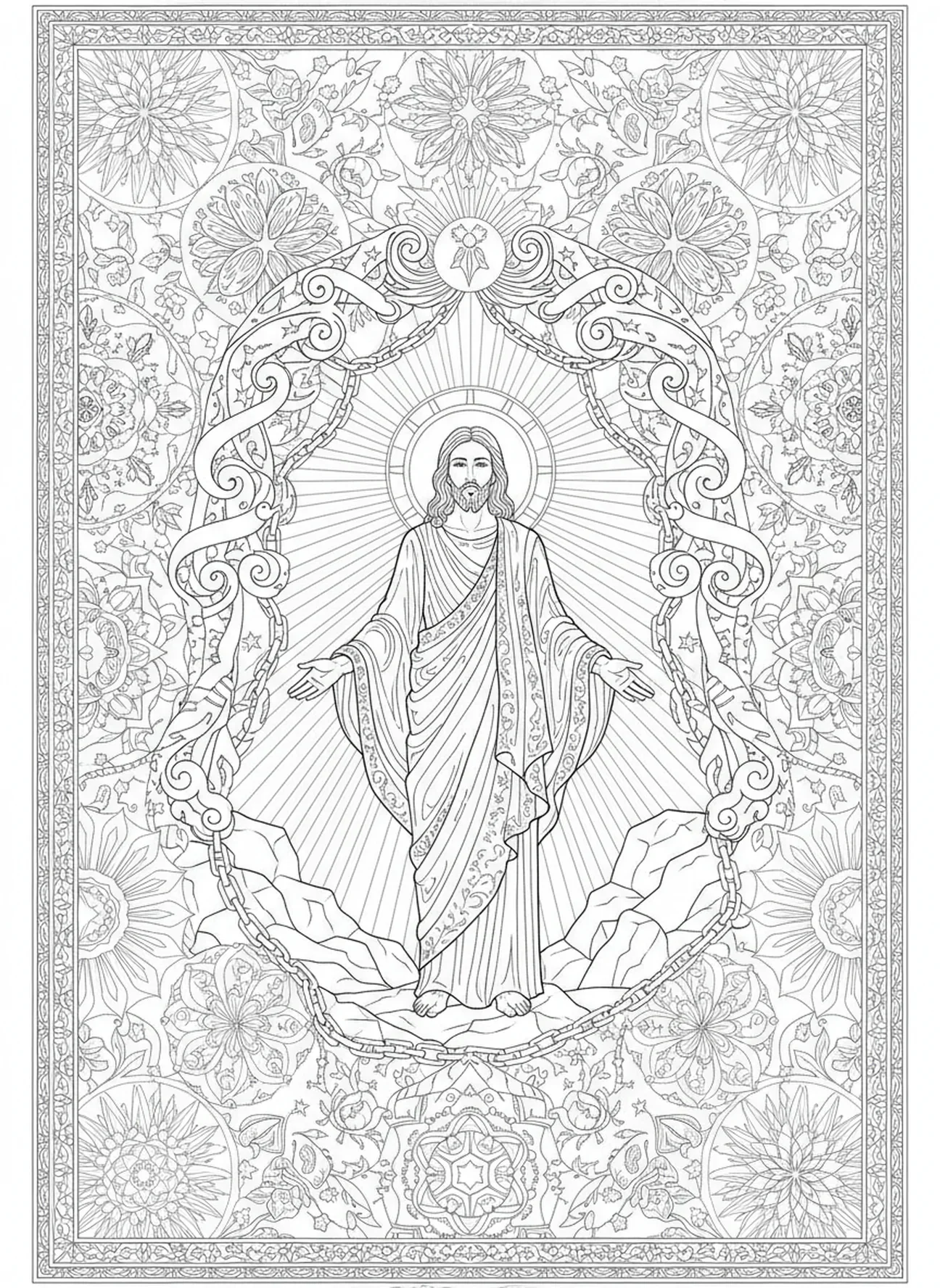 Jésus sortant du tombeau vide, page à colorier Jésus Nom au-dessus de tout pour le style de journal biblique pour adultes
