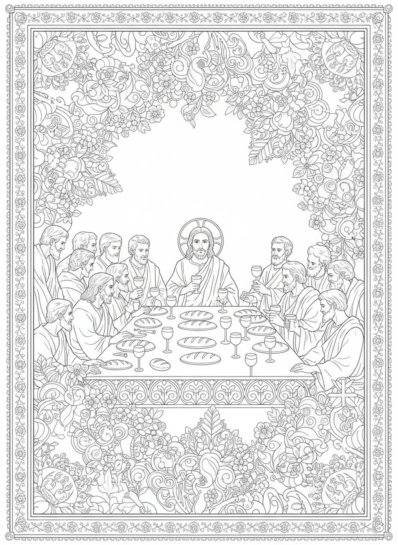 Jésus à la Dernière Cène avec ses disciples, page à colorier Jésus Nom au-dessus de tout pour adultes dans le style du journal biblique