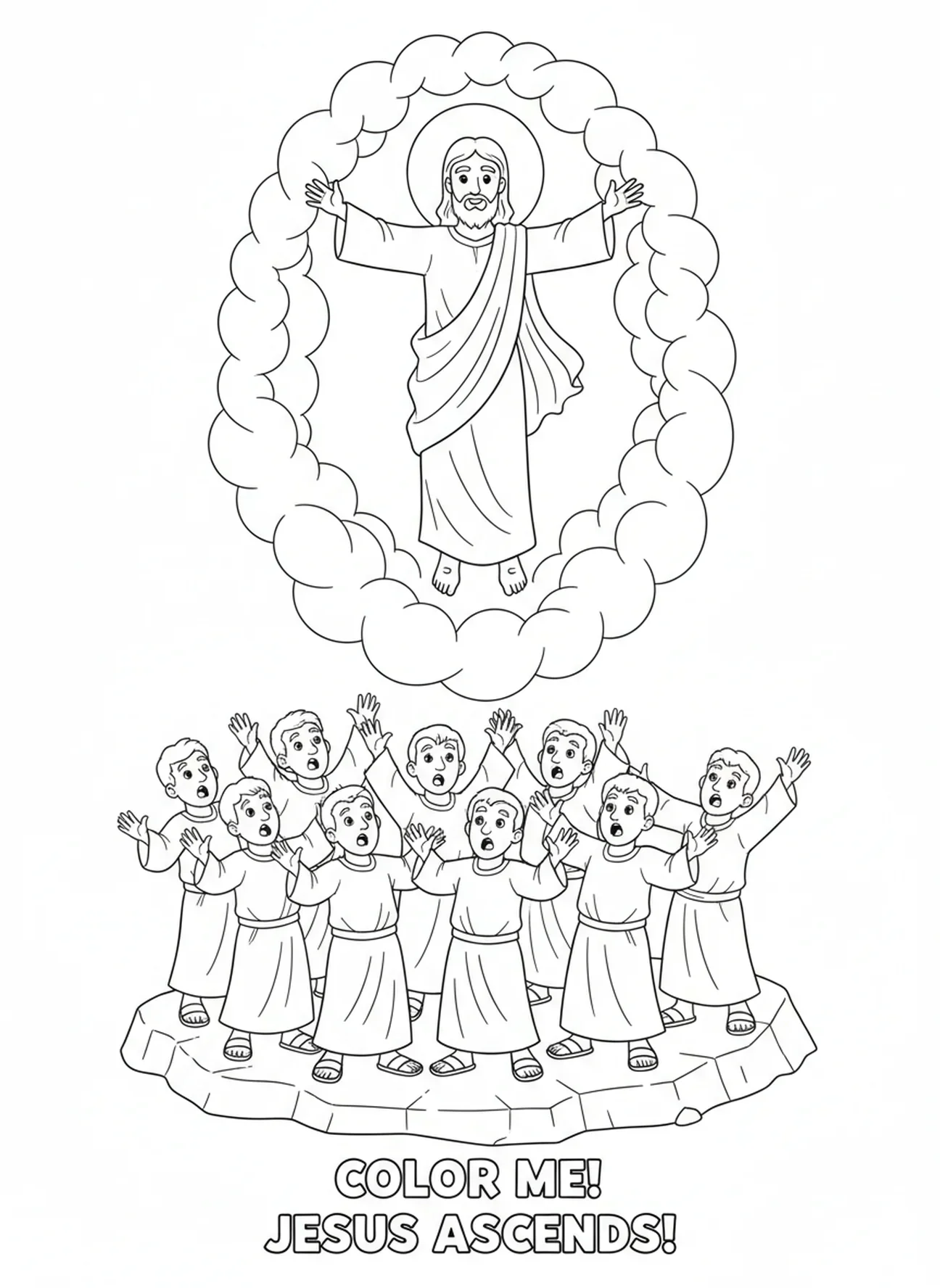 Jezus wstępujący do nieba otoczony chmurami, kolorowanka z napisem Jezus Imię Ponad Wszystko dla dzieci w wieku 5-10 lat.
