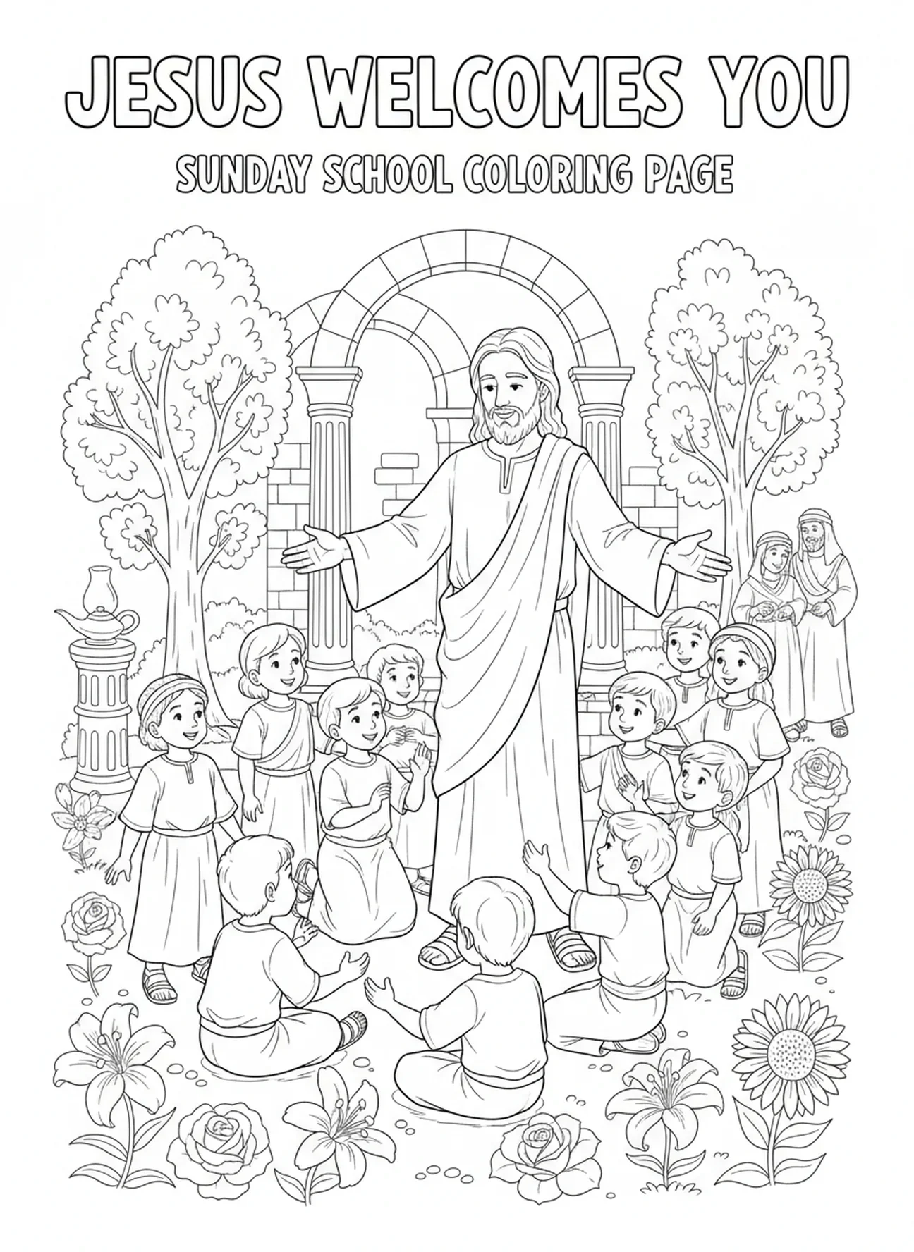 Jésus avec des enfants, page à colorier Jésus, Nom au-dessus de tout pour les enfants de l'École du dimanche âgés de 5 à 12 ans.
