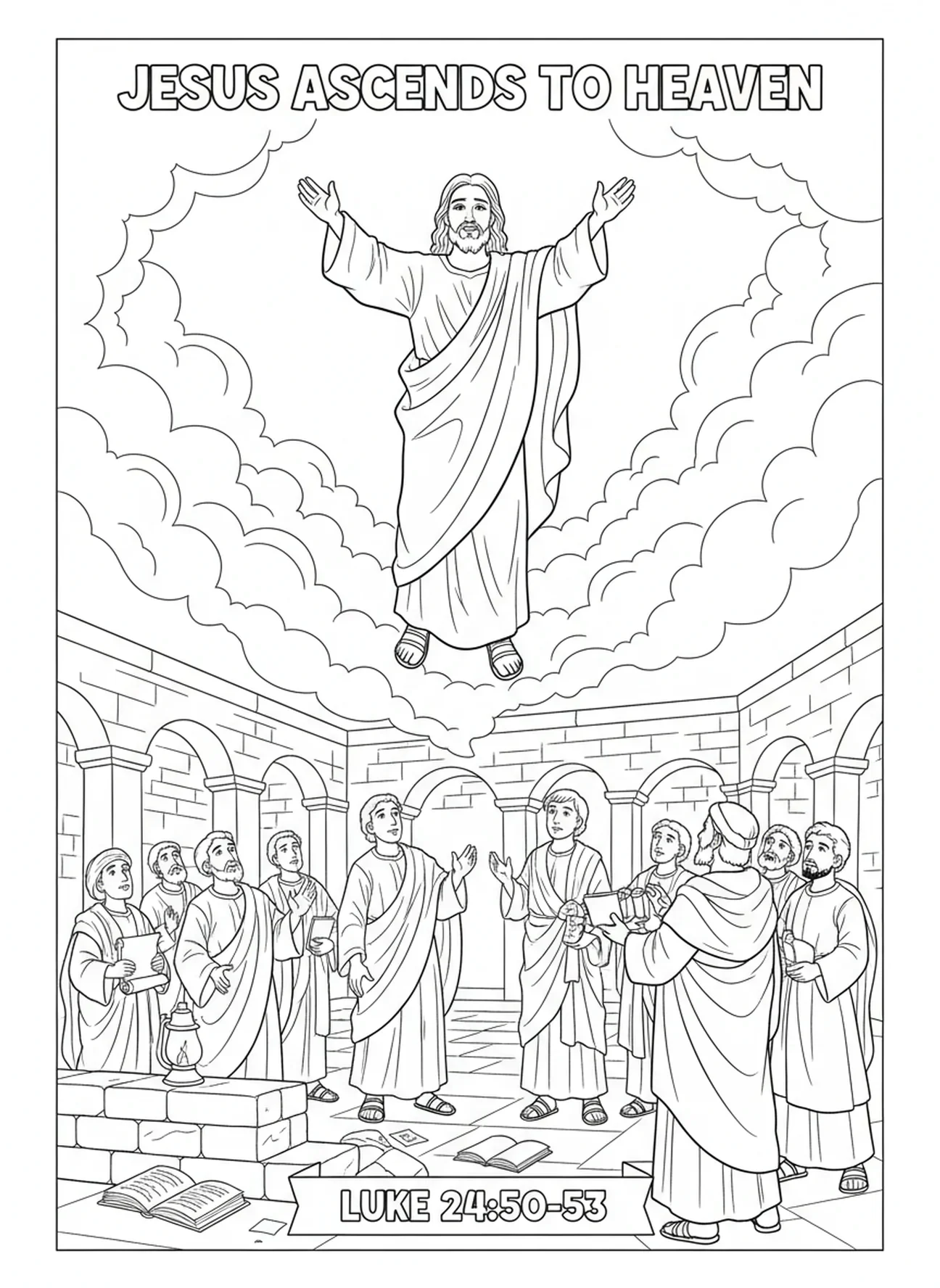 Jésus montant au ciel, page à colorier Jésus Nom au-dessus de tout pour les enfants de l'École du dimanche âgés de 5 à 12 ans.