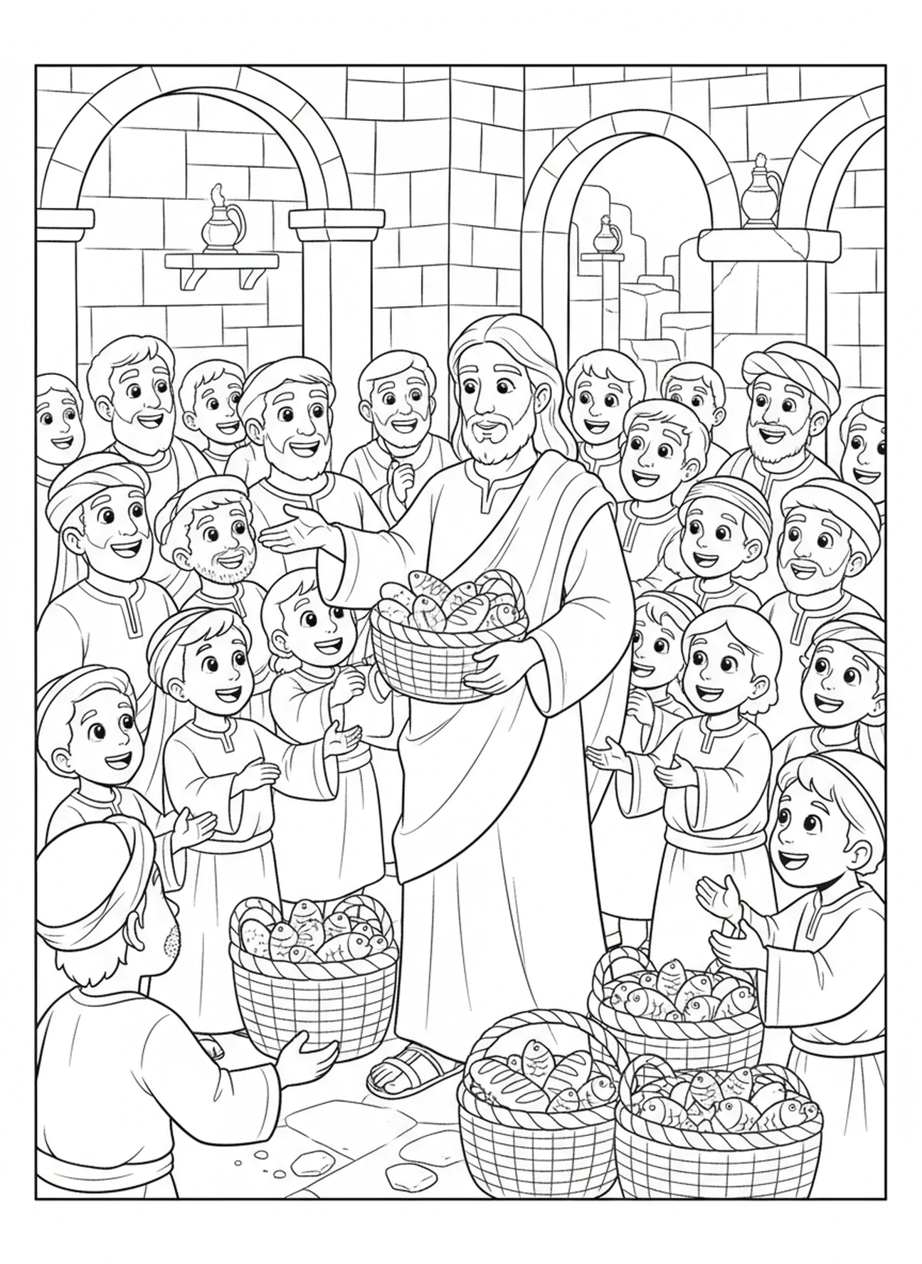 Jésus nourrissant la multitude, page à colorier Jésus Nom au-dessus de tout pour les enfants de catéchisme âgés de 5 à 12 ans.