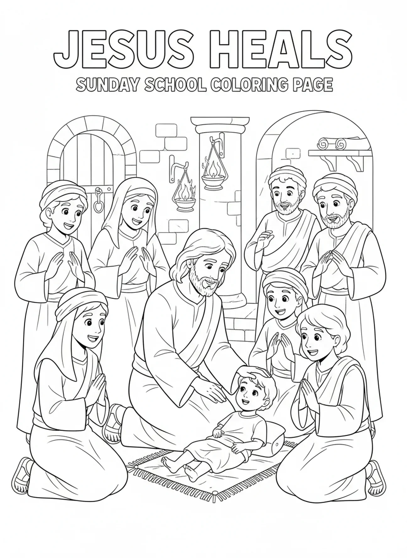 Jésus guérissant un enfant malade, page à colorier Jésus Nom au-dessus de tout pour les enfants de l'École du dimanche âgés de 5 à 12 ans.