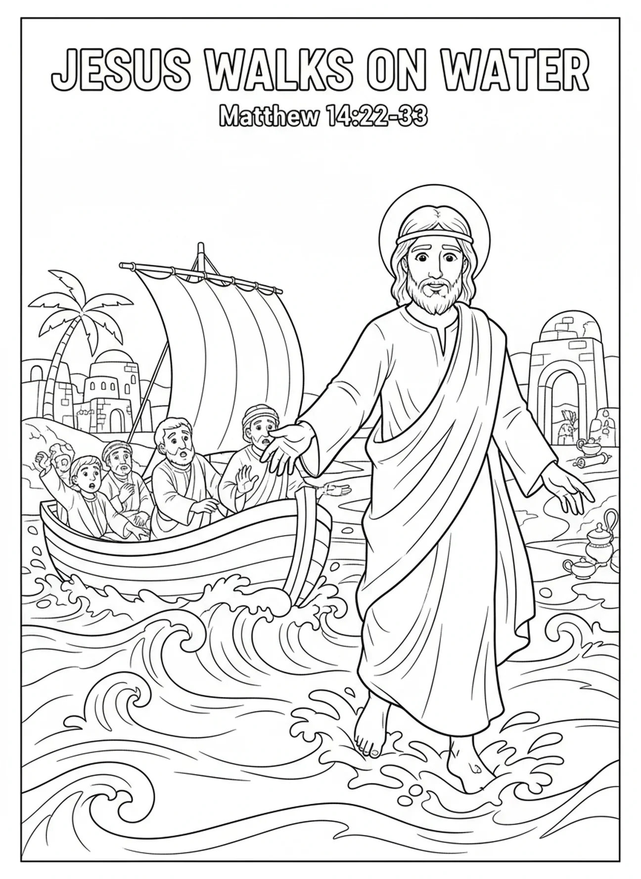 Jésus marchant sur l'eau, page à colorier Jésus Nom au-dessus de tout pour les enfants de l'École du dimanche âgés de 5 à 12 ans.