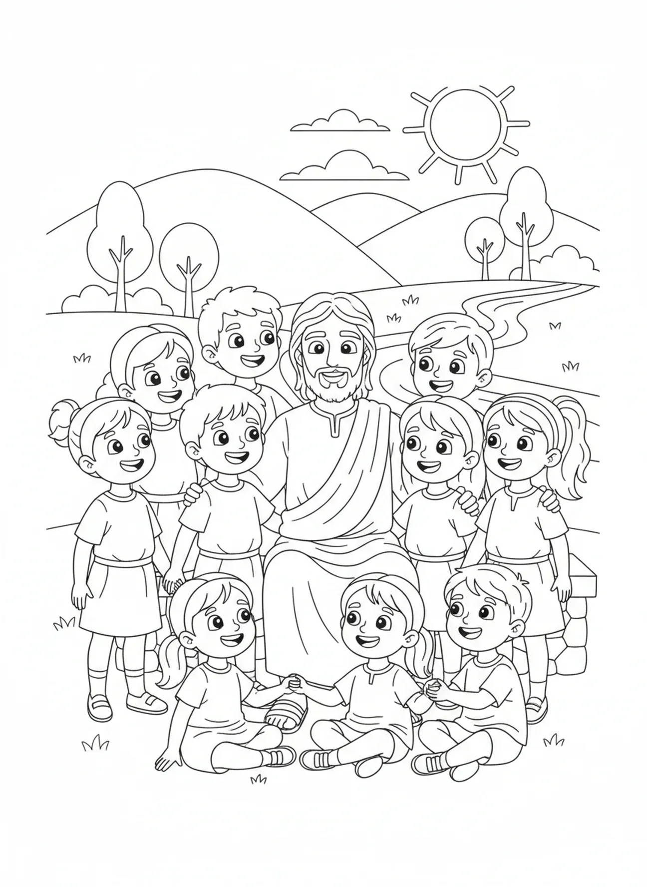 Gruppe fröhlicher Kinder, Ausmalbild mit dem Namen Jesus für Kinder im Alter von 5-10 Jahren