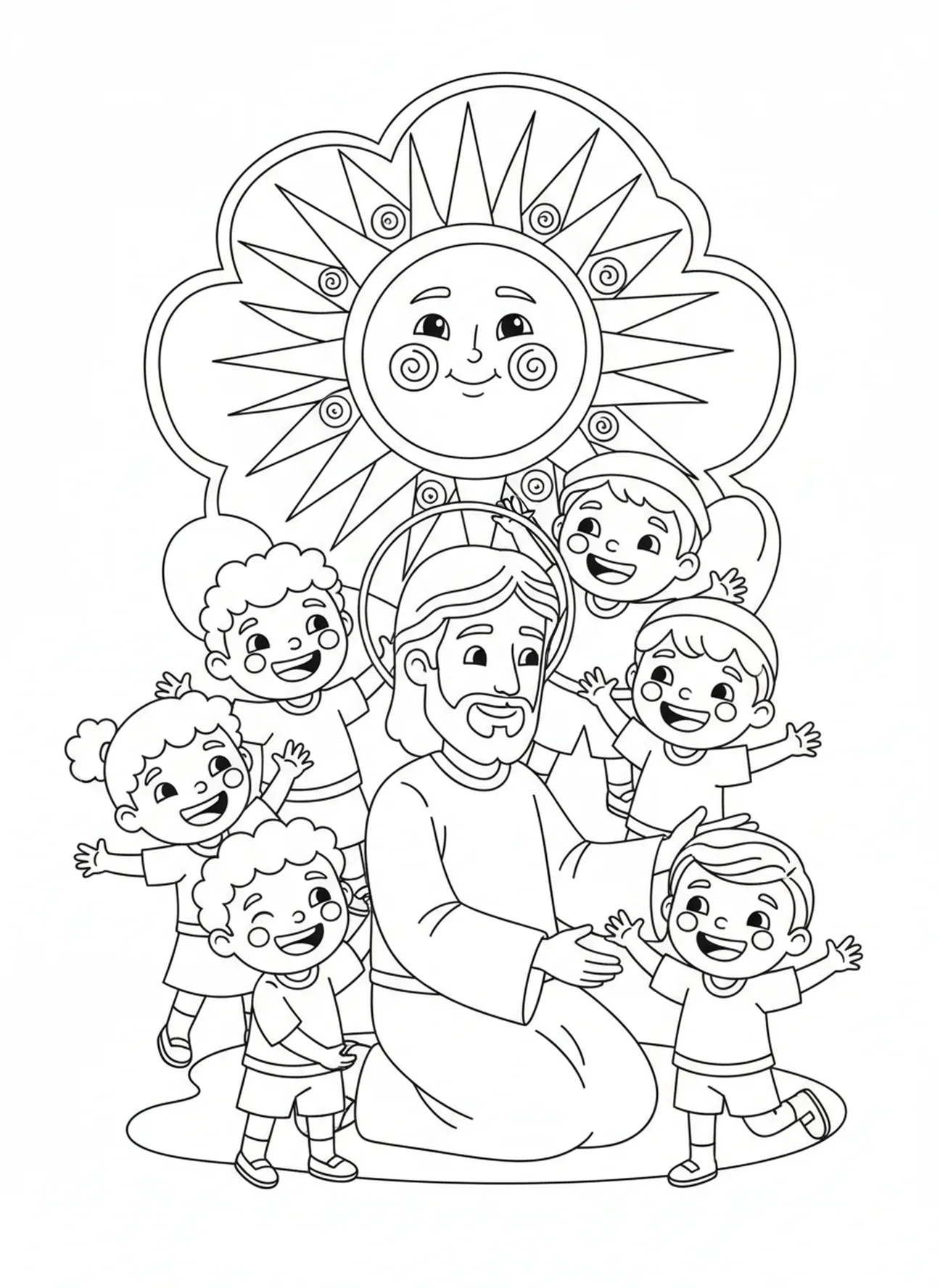 Jesus segnet Kinder, Ausmalbild mit dem Namen Jesus für Kinder im Alter von 5-10 Jahren