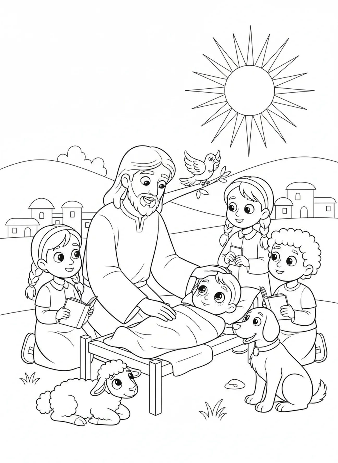 Jesus heilt ein krankes Kind, Ausmalbild mit dem Namen Jesus für Kinder im Alter von 5-10 Jahren