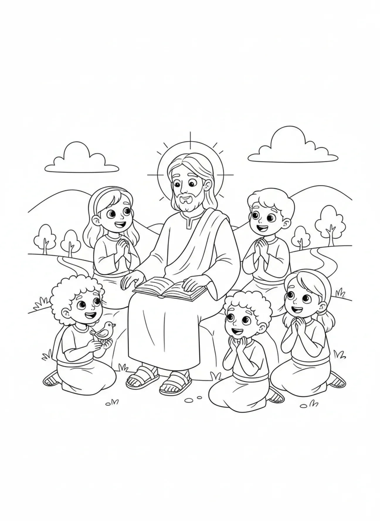 Jesus lehrt Kinder, Ausmalbild mit dem Namen Jesus für Kinder im Alter von 5-10 Jahren