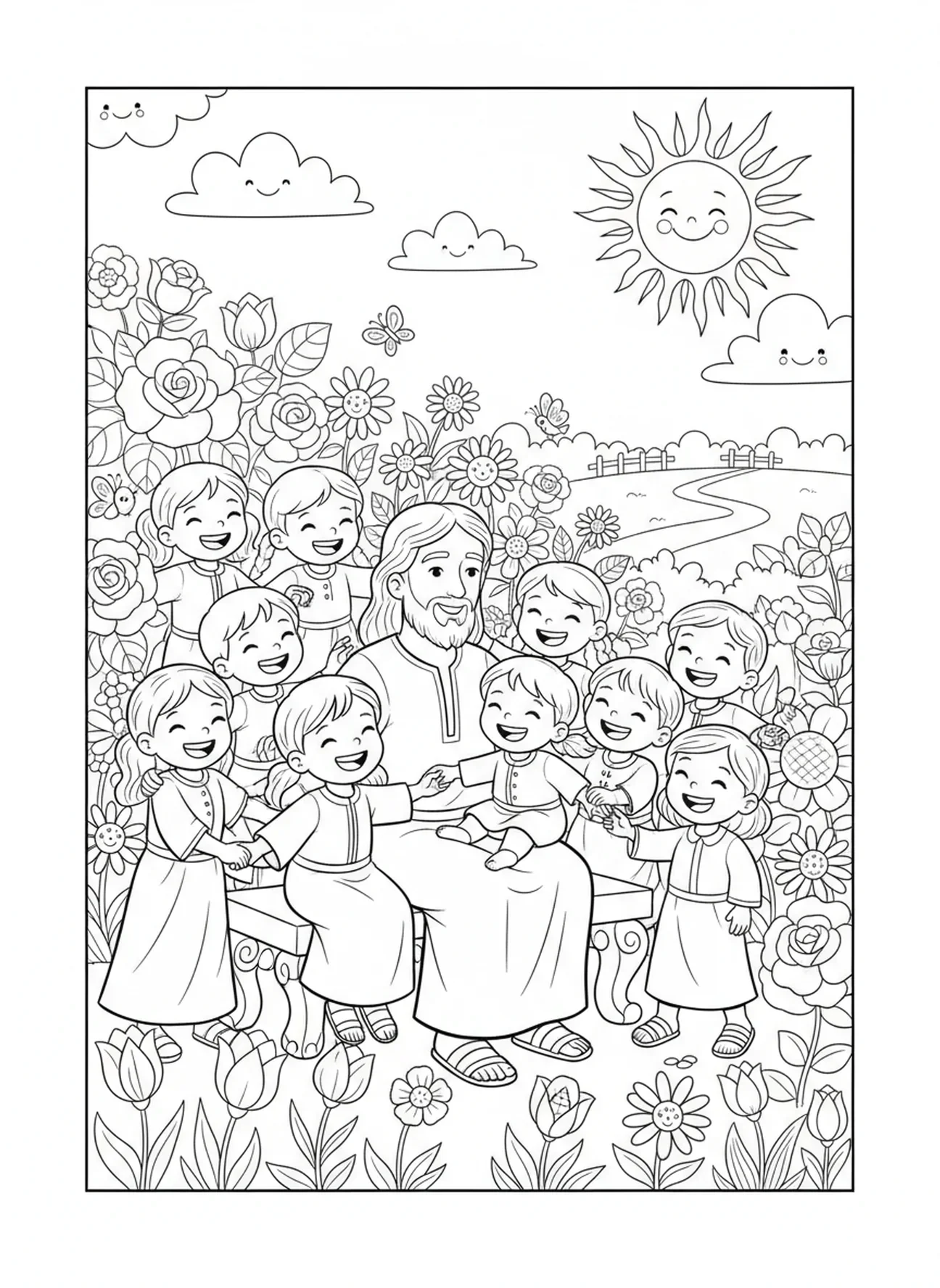 Jesus umgeben von Kindern und Blumen, Ausmalbild mit dem Namen Jesus für Kinder im Alter von 5-10 Jahren