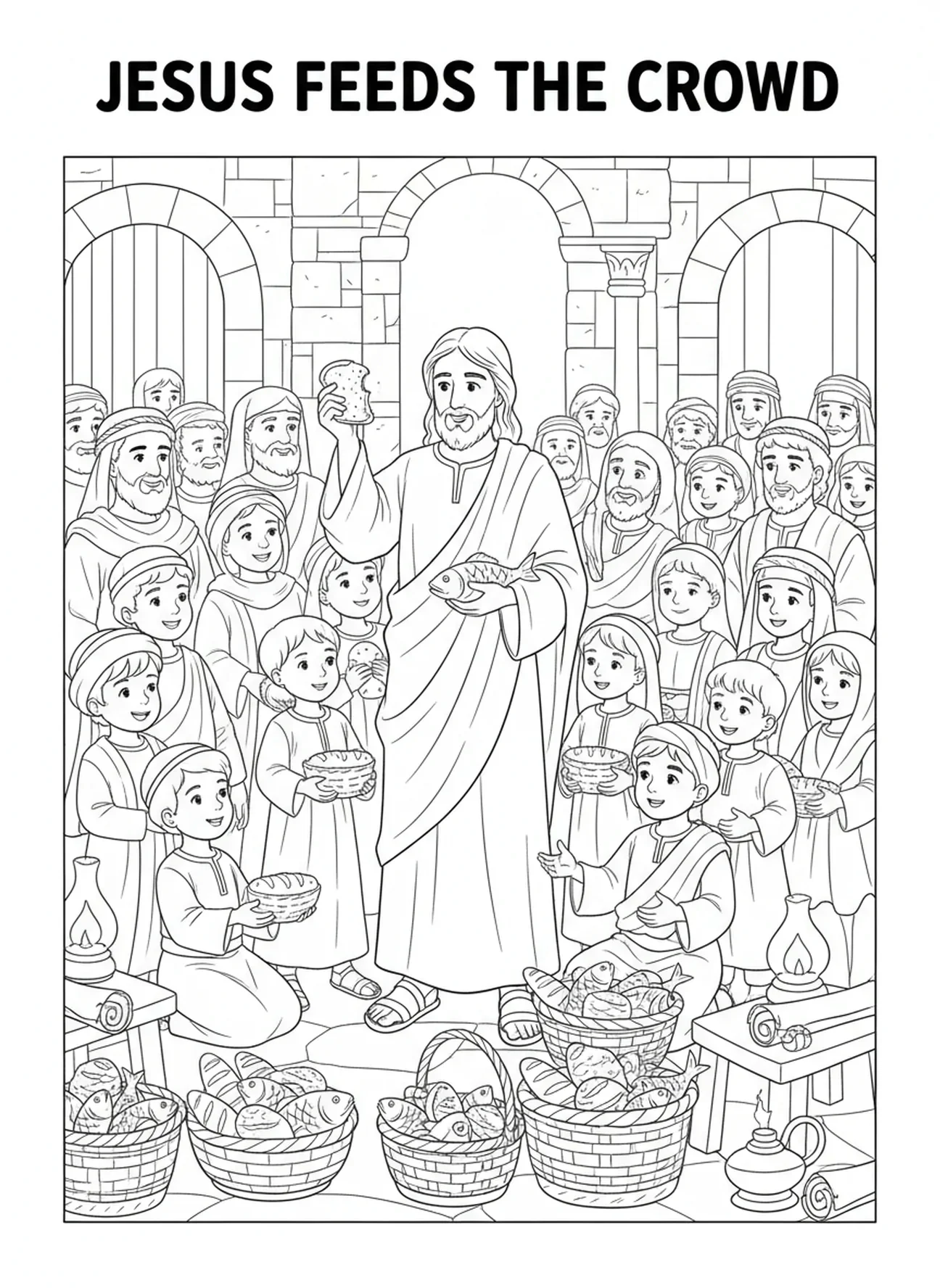 Jesus compartilhando pão e peixe com uma multidão, página de colorir do Nome de Jesus para crianças da Escola Dominical de 5 a 12 anos.
