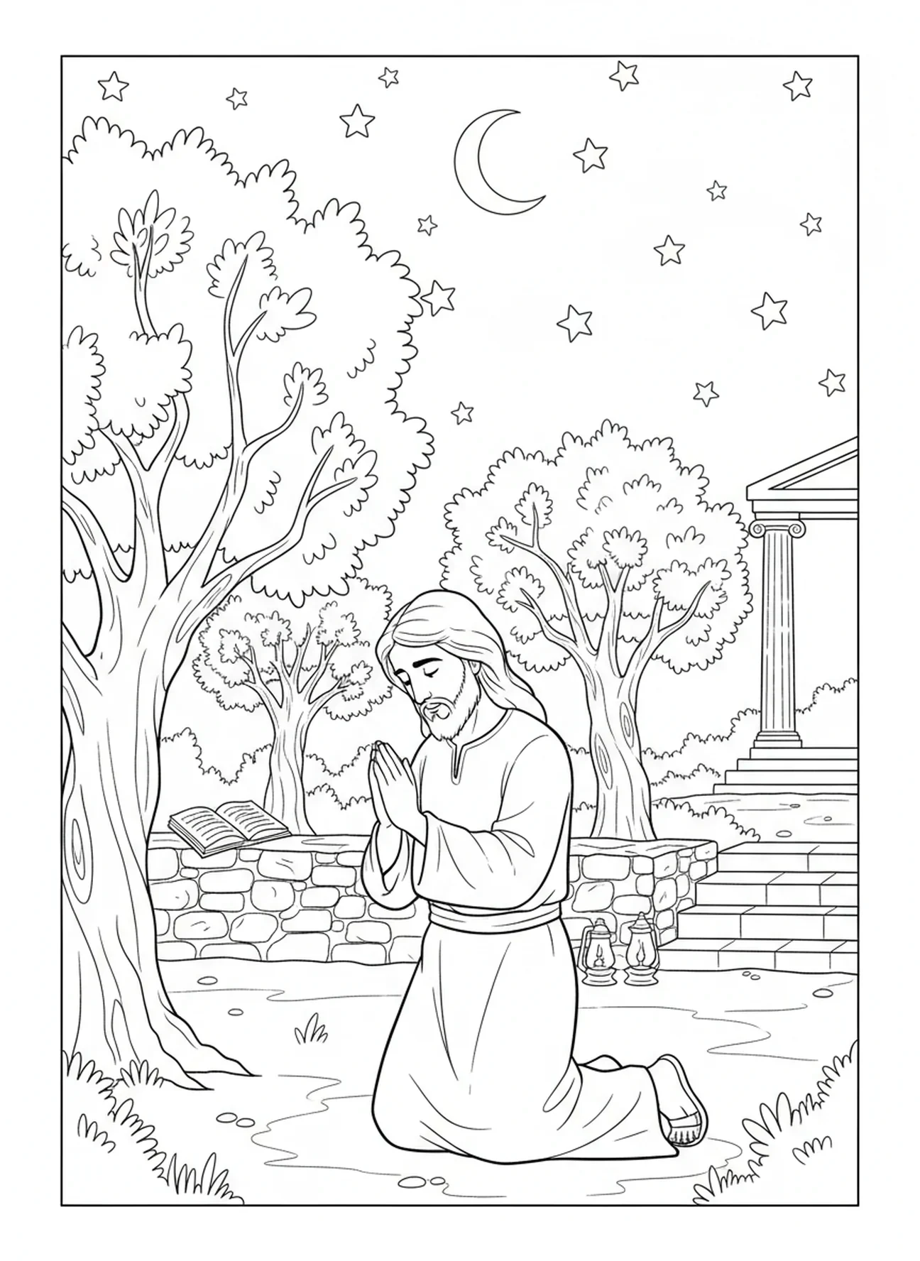 Jesus orando no jardim sob oliveiras, página para colorir do Nome de Jesus para crianças da Escola Dominical de 5 a 12 anos.