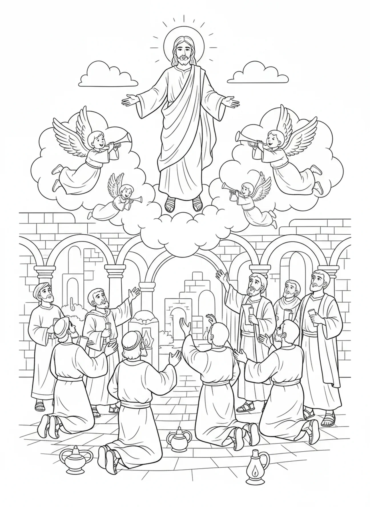 Jesus subindo ao céu com os discípulos, página de colorir do Nome de Jesus para crianças da Escola Dominical de 5 a 12 anos.