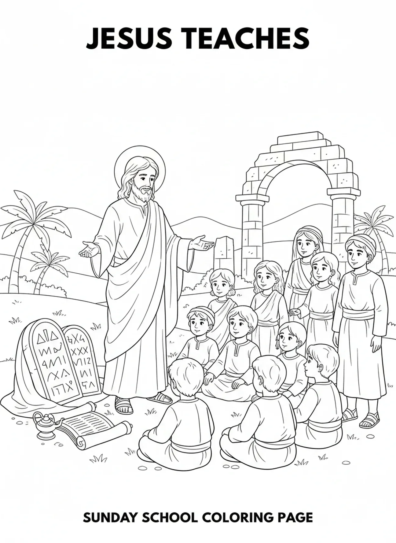 Jesus ensinando os seguidores em uma colina, página para colorir com o Nome de Jesus para crianças da Escola Dominical de 5 a 12 anos.
