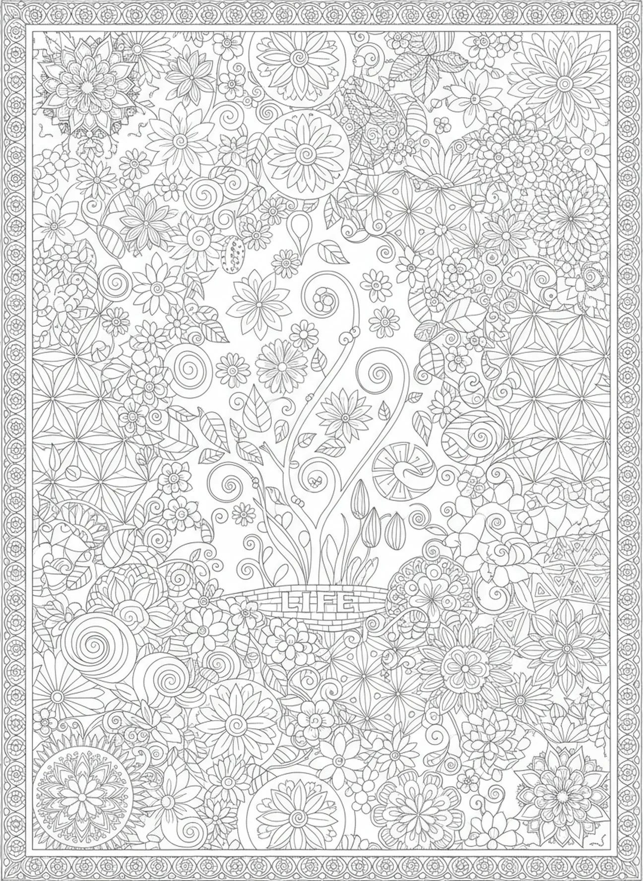 Flora surgindo do solo, página para colorir sobre João 1:1 A Palavra Era Deus, estilo de journaling bíblico para adultos.