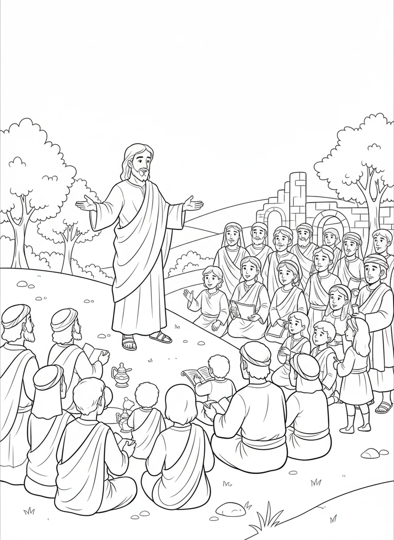 Jezus onderwijst een menigte, Johannes 1:1 Het Woord was God kleurplaat voor Zondagsschool kinderen van 5-12 jaar.