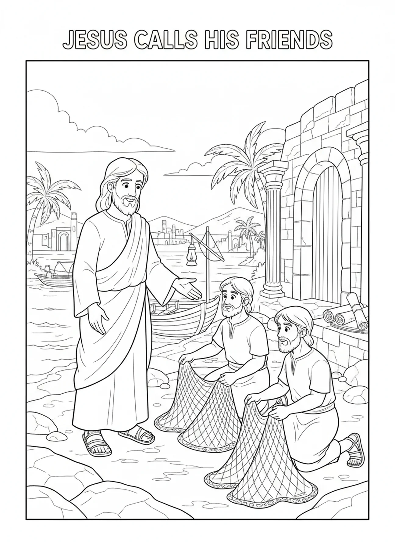 Jezus roept discipelen aan de zee, Johannes 1:1 Het Woord was God kleurplaat voor Zondagsschool kinderen van 5-12 jaar.