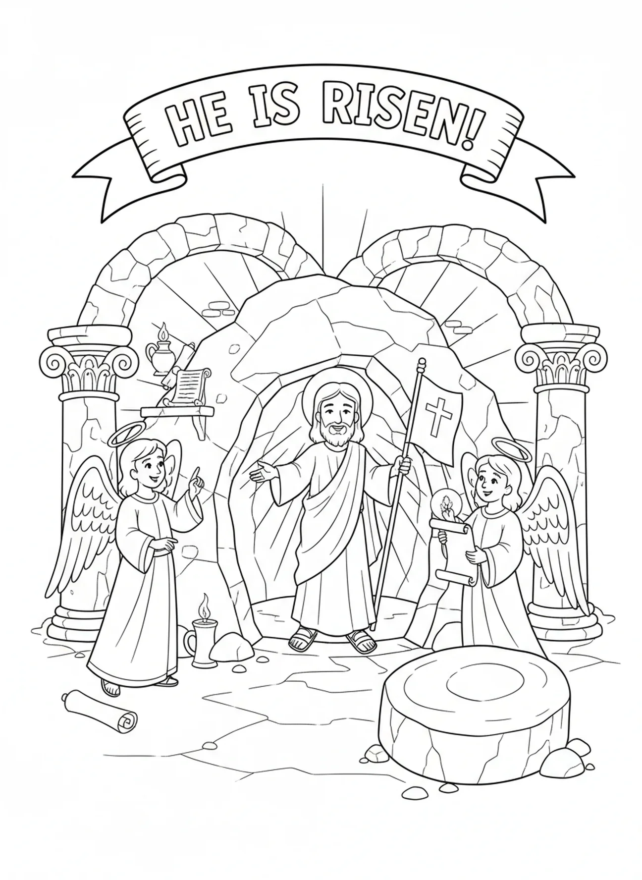 Jezus die opstaat, Johannes 1:1 Het Woord was God kleurplaat voor Zondagsschool kinderen van 5-12 jaar.