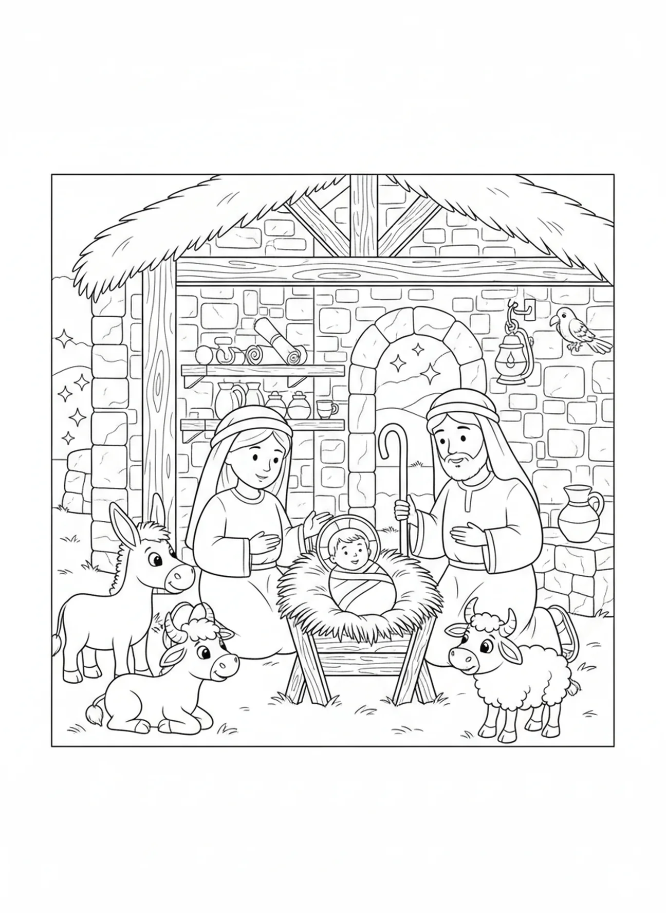 Jezus in een kribbe, Johannes 1:1 Het Woord was God kleurplaat voor Zondagsschool kinderen van 5-12 jaar.