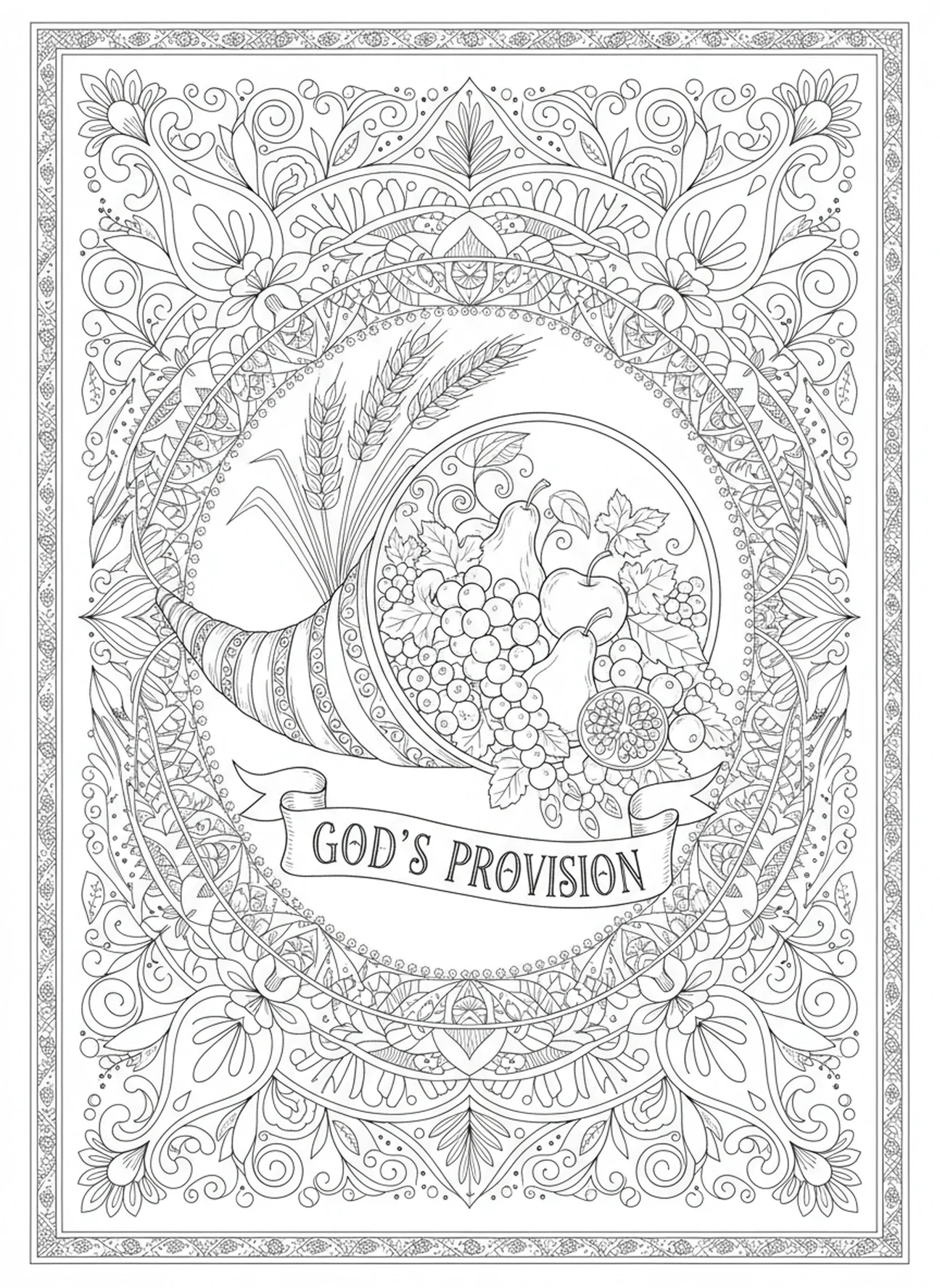 Cosecha abundante de trigo y frutas, Juan 10:10 página para colorear sobre la vida abundante en estilo de journaling bíblico para adultos.