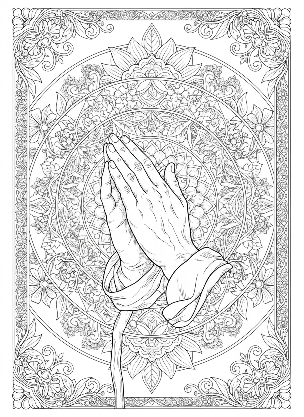 Manos de pastor en oración, Juan 10:10 página para colorear Vida Abundante estilo de journaling bíblico para adultos.
