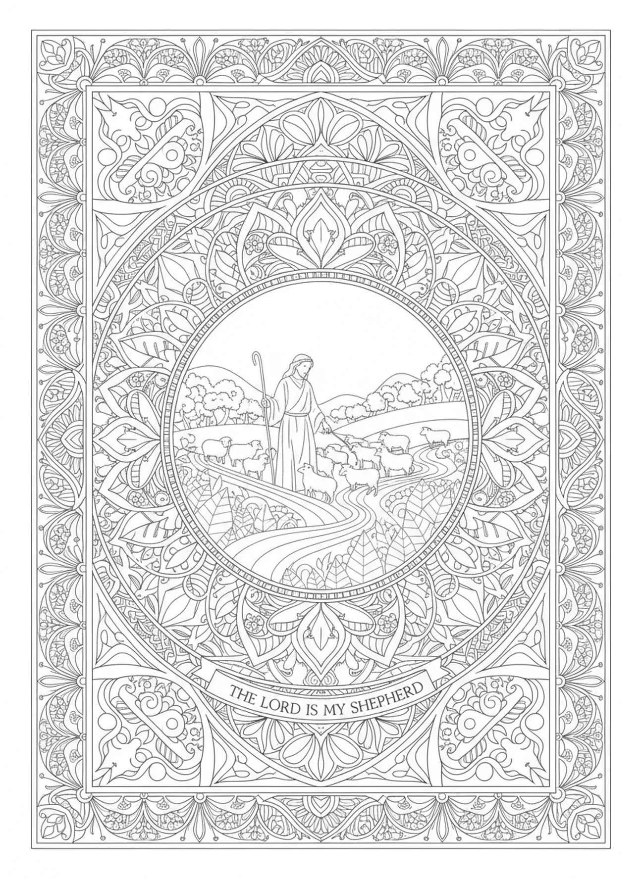 Pastor guiando ovejas a verdes praderas, Juan 10:10 página para colorear de Vida Abundante estilo de journaling bíblico para adultos.