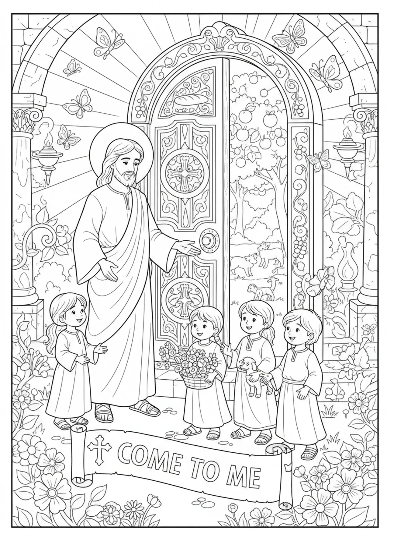 Jésus près d'une porte décorative, Jean 10:10 page à colorier sur la Vie Abondante pour les enfants de catéchisme âgés de 5 à 12 ans.