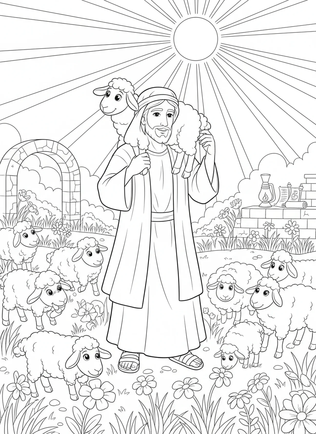 Jésus portant une brebis, Jean 10:10 page à colorier sur la Vie Abondante pour les enfants de l'École du dimanche âgés de 5 à 12 ans.