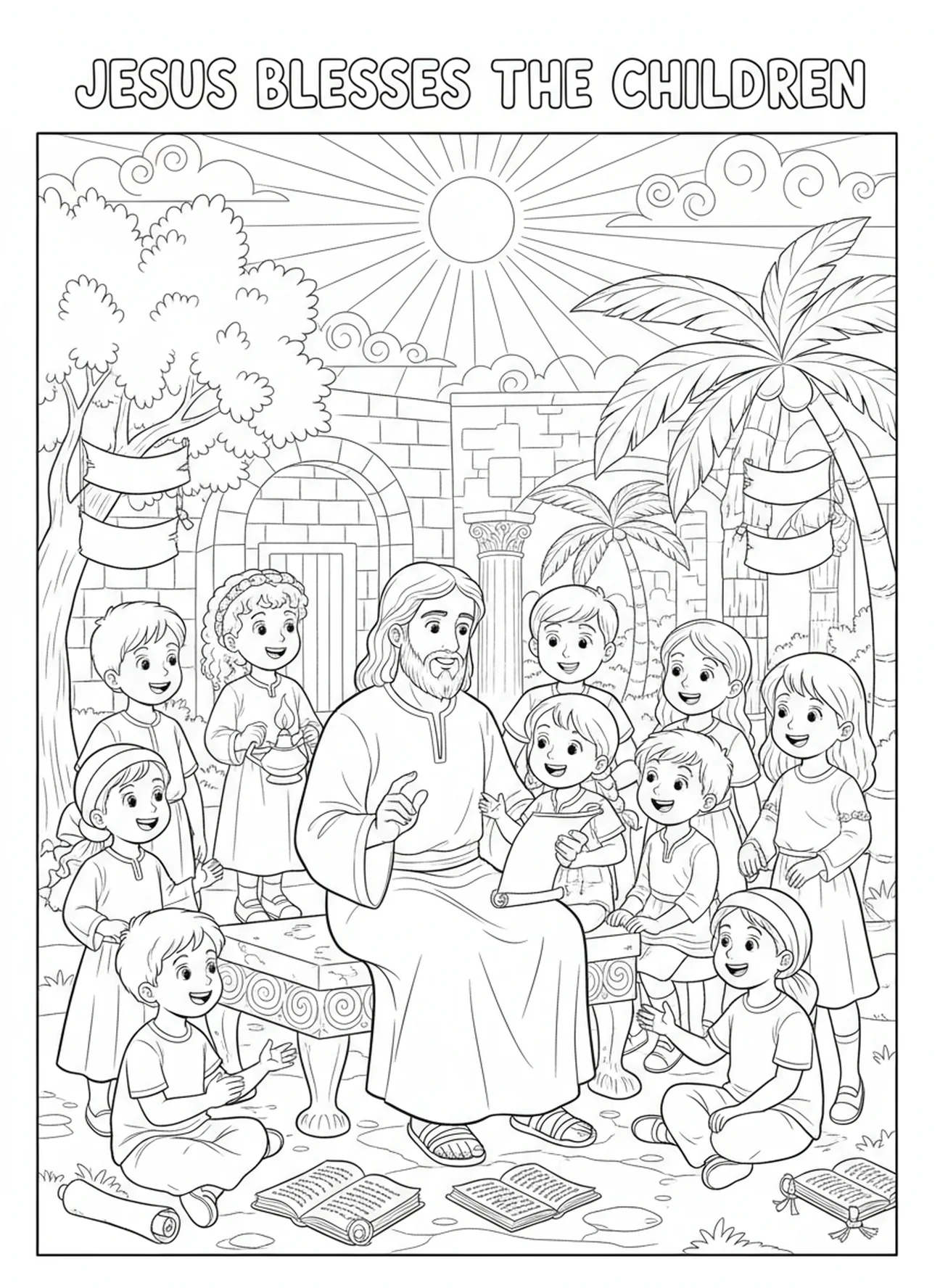 Jésus avec des enfants joyeux, Jean 10:10 page à colorier sur la Vie Abondante pour les enfants de l'École du dimanche âgés de 5 à 12 ans.