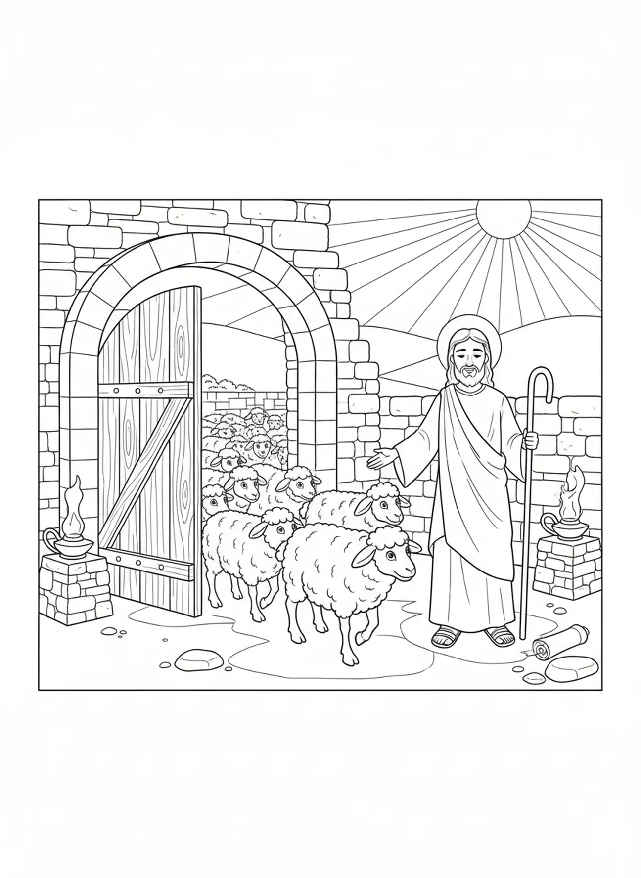 Des moutons entrant dans une bergerie, Jean 10:10 page à colorier sur la Vie Abondante pour les enfants de l'École du dimanche âgés de 5 à 12 ans.